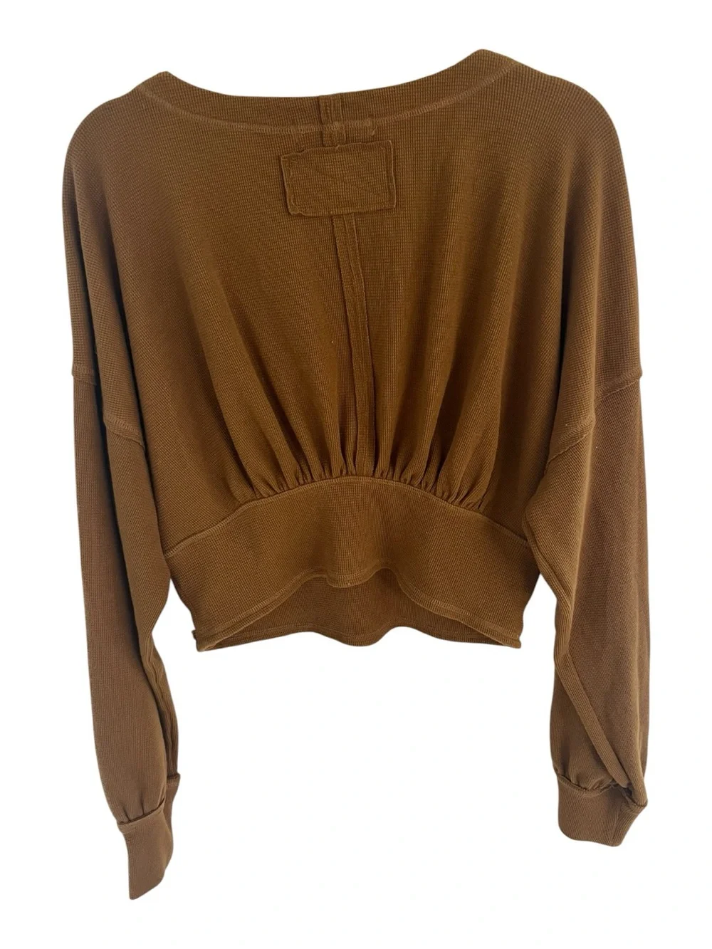 Free People Brown Thermal Cropped Pullover Smocked Waist